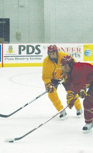 <span class='credit'>Photo By: Kate Dupon | Photographer</span><span class='description'>The Ferris State hockey team works to perfect their skills at the Robert L. Ewigleben Ice Arena. A majority of the defense team that earned fifth place in the CCHA in goals allowed last year have returned for another season.</span>
