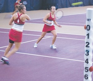 <span class='credit'>Photo By: Kristyn Sonnenberg | Photo Editor</span><span class='description'>Tiffany Rheynard and Amy Ingle defeated their Wayne State opponents 8-4 in their doubles match on Sundayl.</span>