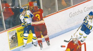 Alaskan Ice: The hockey team trekked up to Alaska for this weekend’s game against the Nanooks. Pictured here, Scott Wietecha (#3) tries to keep a Nanook in check. Alaska pulled off a 3-2 victory in overtime.Photo Courtesy of Tom Hewitt, Editor-in-Chief, UAF Sun Star