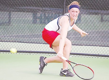Tennis is Back: Tiffany Rheynard slices a ball during a match last season. The women’s tennis team completed the 2009-2010 season with a 12-8 record and is beginning the 2010-2011 season with high hopes of another winning season. Photo Courtesy of Ferris State Athletics