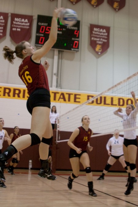 Women’s Volleyball: Mallory Kopa slams a ball toward the Lake Erie team. Kopa and the Ferris State volleyball team defeated Lake Erie 3-0 on Saturday, bringing the Bulldog record to 10-6 overall. Photo By: Kate Dupon | Photo Editor