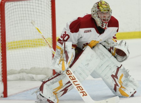 Nationally Ranked: Ferris goalie Pat Nagle, featured above, has become one of the top five goalies in the nation. Nagle set the Ferris hockey single-season record with a 2.13 GAA in 26 games played last year. Photo By: Brock Copus | Photographer