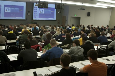 Students Get New Facility: First-year pharmacy students take notes during a lecture by Dr. Hancock. A new facility worth $6.6 million for third-year pharmacy students is to be built in Grand Rapids on the “Medical Mile”. Photo By: Kate Dupon | Photo Editor