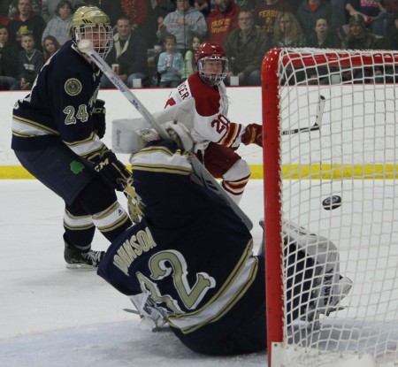 Slapshot: Matthew Kirzinger, FSU sophomore, takes a shot against Notre Dame during the Feb. 18 game. The Bulldogs lost both games to Norte Dame. Photo By: Brock Copus | Photographer