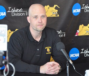 Gaining Offense: Chris Boden, offensive coordinator for Ferris football, speaks about finding new talent at a press conference. The team will gain six receivers for the 2011 season. Photo Courtesy by Ferris State Athletics