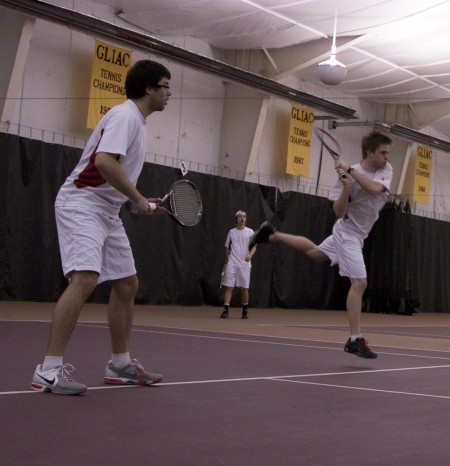 Taking on Tech: Ferris doubles partners Tyler Marengo and Jack Swan defeat Andrew Kremkow and Anders Sandholm of Michigan Tech 8-5 on March 19. Photo By: Kate Dupon | Photo Editor