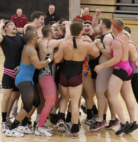 Wardrobe Malfunction: The Bulldog’s model tights and leotards as a part of the talent portion of the Lift-a-Thon. Photo By: Brock Copus | Photographer