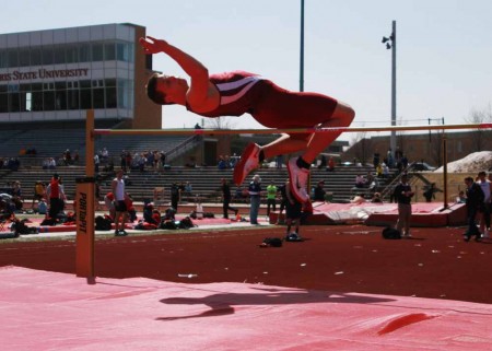Up and Over: Andrew Rumpz, freshman, high jumps during the Bulldog Invitational on April 9. Photo By: Brock Copus | Photographer