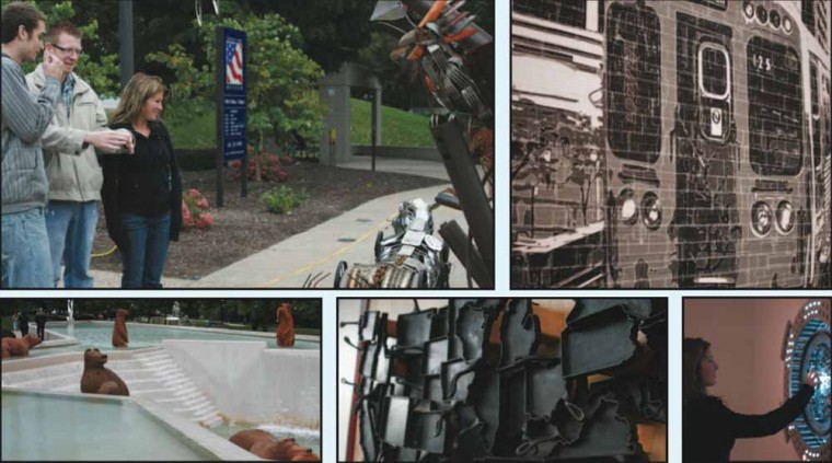 ArtPrize 2011: Top left, Dustin Bastian, Zach Dean and Rachel Trombley discuss at exhibit at ArtPrize. Top right, a collage of a train made up entirely of duct tape is on display at the Grand Rapids Public Museum. Bottom left, top ten piece Grizzlies on the Ford is wood sculptures carved with a chainsaw. Bottom middle, cast iron pans were formed into the shapes of the United States. Bottom right, Rachel Trombley plays with a light sculpture in the Grand Rapids Public Museum. Photos By: Kate Dupon | Photo Editor