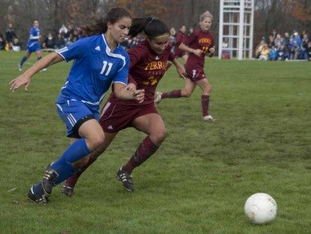 Losing to the Lakers: FSU sophomore defender Audra Merino battles a Grand Valley defender during the Oct. 29 game. The Bulldogs lost to Grand Valley 1-0 and are set to compete in the GLIAC Tournament. Photo By: Kate Dupon | Photo Editor