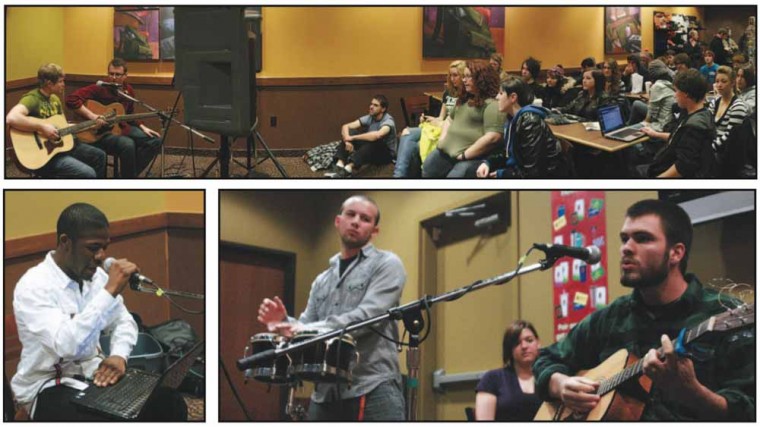 Ferris Unplugged: Evan Pazkowski, top, performs with fellow Ferris students during Entertainment Unlimited’s Unplugged on Nov. 17 at Biggby Coffee. Students came to listen to their peers sing, rap, read poetry and play instruments. Photos By: Kate Dupon | Photo Editor