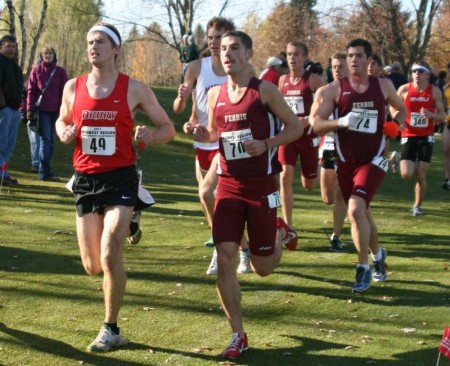 Regional Run: FSU junior Ryan Chute, number 70 above, runs with fellow team members during the Midwest Region Cross Country Championships, where the Bulldogs placed fifth overall. Photo By: Kate Dupon | Photo Editor