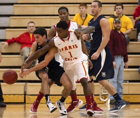 Season Beginning: FSU senior guard Dontae Molden looks to save a ball against Grace Bible on Nov. 2. The Bulldogs defeated Grace Bible 91-78 in an exhibition game. The Bulldogs season will begin on Nov. 11 against Michigan. Photo Courtesy by Ferris State Athletics 