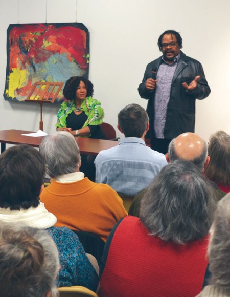 Festival of the Arts: Saffell Gardner introduces his artwork, based on his wife Marion Hayden’s music, for the opening of the Festival of the Arts at Artworks. Photo By: Eric Trandel | Photographer