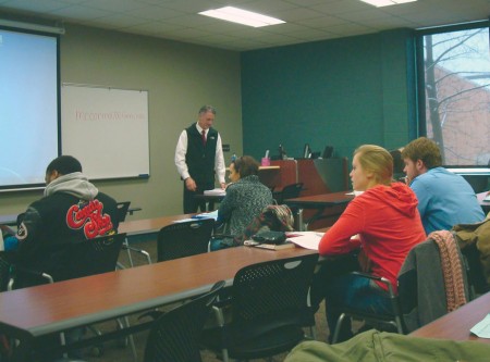 Classroom Environment: Dr. Patrick Bishop teaches PREL 240, public relations principle, in a classroom setting on Ferris’ campus. Photo By: Tori Thomas | Photographer