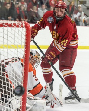 Just Wide: Ferris freshmen left wing Matt Robertson watches his shot miss its target against Bowling Green State. Photo by Brock Copus | Multimedia Editor