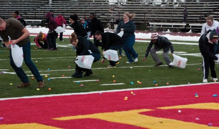 Easter Egg Hunt: Ferris students scoured Top Taggart Field for Easter eggs during the Easter egg hunt last week. Ferris students were filled with joy after filling up their bags with goodies.  Photo By: Tori Thomas | Photographer