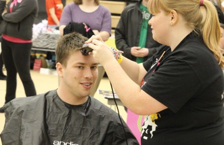 Challenge: Zac Birch, Ferris Hall Director pictured above, challenged five residence hall teams to raise $500 in one hour with the incentive of him shaving his head. The team managed to raise $550 and Birch held true to his promise. Photo By: Brock Copus | Multimedia Editor