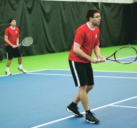 On the Ready: Doubles partners Sergiu Laza (left) and Tyler Marengo (right) compete earlier this season at home at the Racquet Center. Despite the upset at GLIAC, the mens’s team will compete in the NCAA Division II Tournament. Photo By: Tori Thomas | Photographer