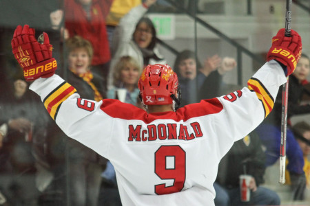Freshmen forward Chad McDonald celebrates following his team leading third shorthanded goal of the year against Northern Michigan. Ferris State Hockey is now five points from their first ever WCHA regular season title. (Photo By Brock Copus)