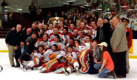 Photo by Harrison Watt-Sports Editor. The Bulldog's celebrate a WCHA Conference Title in their first season in the WCHA.