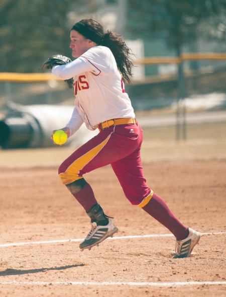 Senior Pitcher Amy Dunleavy winds up a pitch during the 2013 softball season. So far the 2014 season has been off to a slow start and many games have been canceled due to weather.  Courtesy Photo By: Bill Bitzinger | FSU Photo Services