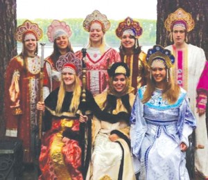 Ferris students wear traditional Russian princess dresses.