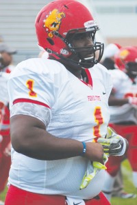 Okoye stands an imposing six feet six inches and tips the scales at 380 pounds, making him Ferris State’s largest player.