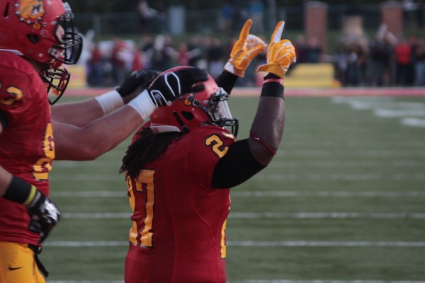 Junior running back Jamaal Jackson celebrates following a rushing touchdown en route to a 42-17 victory for Ferris football over the Grand Valley State Lakers.