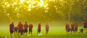 The Women’s soccer team at a practice earlier this season during the early morning fog. The Bulldogs have a chance to take on rival Grand Valley State in the GLIAC tournament.