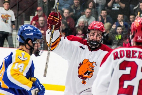 Troy, Michigan native Drew Mayer celebrates a Ferris goal against Lake Superior State. Mayer scored a goal in each game against the Lakers, and will be playing just down the road from where he grew up on December 28-29.