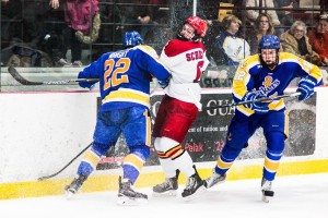 Sophomore forward Kyle Schempp battles against Lake Superior State.