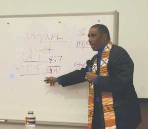 Dr. Juwanza Kunjufu spoke to college students about modern racism issues on Feb. 11 for black history month. He compared opportunities to students using the NBA/NFL draft as an example.