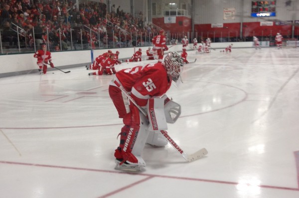 Both home and away jerseys were visible, as the Red Wings split up into two teams to engage in their Red vs. White intersquad scrimmage.