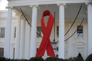 A red ribbon hangs in front of the White House in Washington, D.C. in support of National Red Ribbon Week.