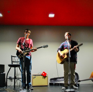 Music industry management freshman Tyler Schultz and Jake Trethaway share the stage in BUS 112.