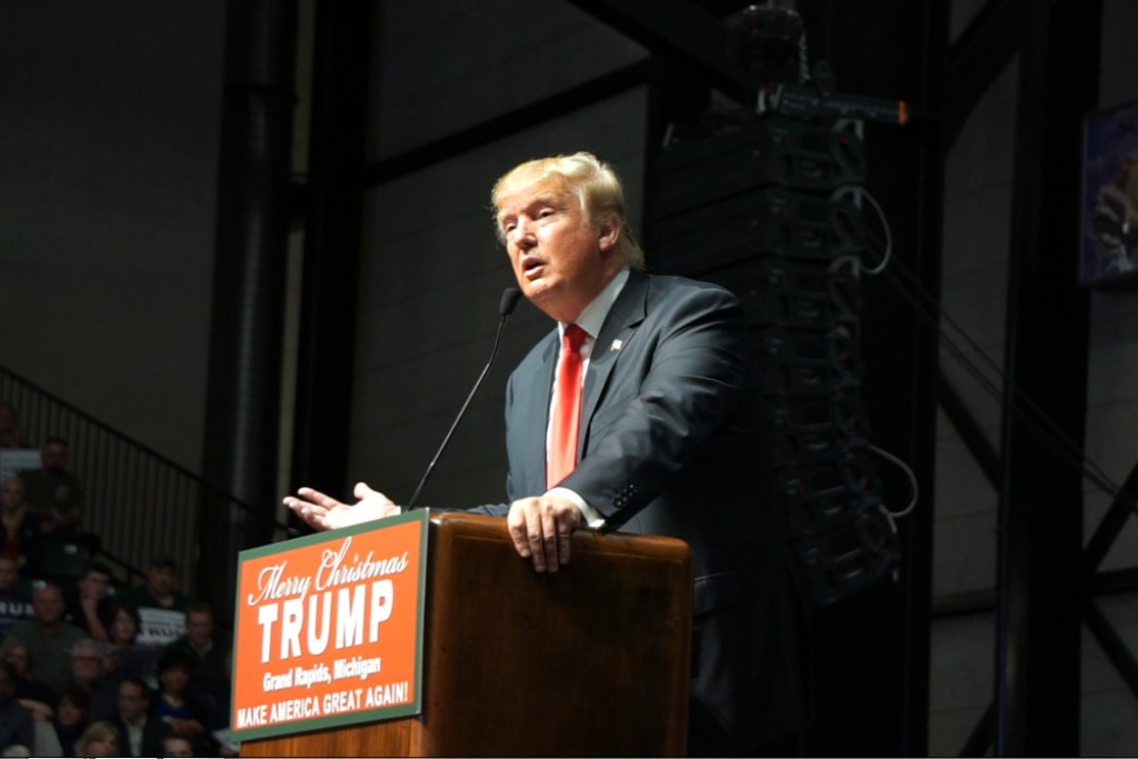 Trump speaking at the Deltaplex Arena. Photo: Nick Vander Wulp