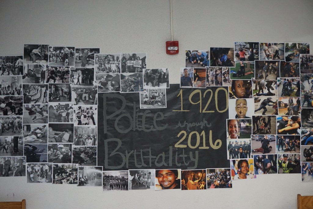 This display exhibited various pictures of police brutality against blacks in the United States from 1920 to 2016. The pictures included recent controversial incidents such as Trayvon Martin of Sanford, Fla., Eric Garner of Staten Island, N.Y., Freddie Gray of Baltimore, Md., Michael Brown of Ferguson, Mo. and Laquan MacDonald of Chicago., Ill