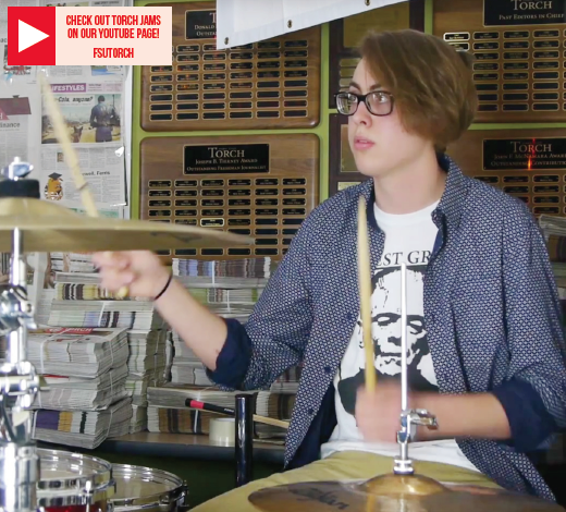 Ferris music industry management sophomore Nathan Seifferly plays the drums in the Torch office as part of the Torch Jams series. He is the drummer for the Ferris-based band, City Sun.
