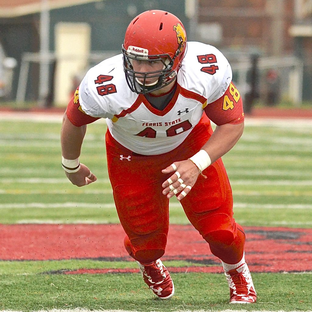 Ferris 6-foot-3, 302 pound defensive tackle Justin Zimmer totaled 13 sacks this past season which tied the school record. Zimmer also broke the school record for most sacks in a single game when he recorded 4.5 against Ashland in 2013.