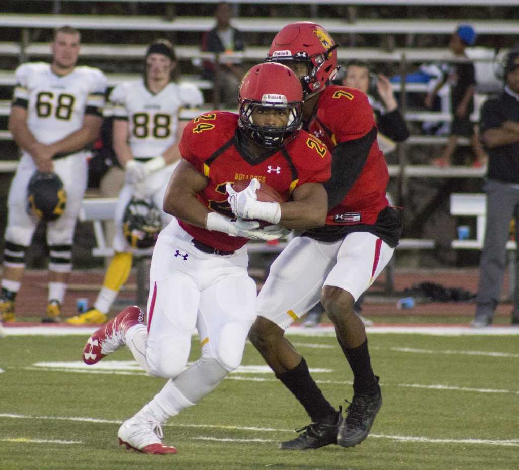 Ferris junior quarterback Reggie Bell made a big splash in his first game as a Bulldog, totaling three touchdowns and combining with junior running back Jahaan Brown to rack up 181 rushing yards.