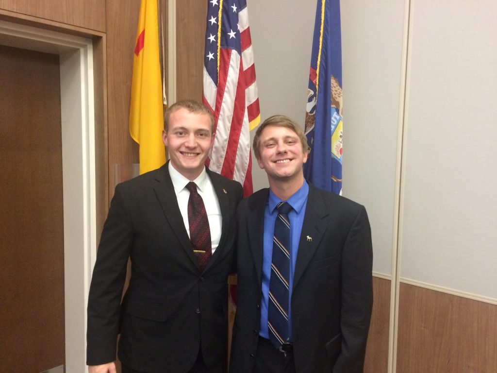 Outgoing president and Ferris criminal justice graduate student Dylan Tantalo (left) will turn over his office to Ferris public relations senior Josh Olszewski effective Oct. 11