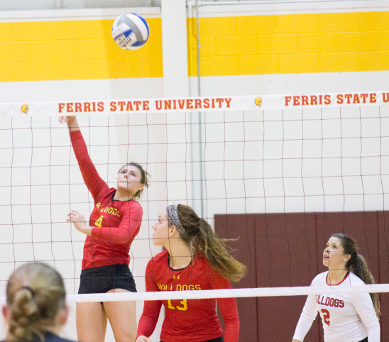 Ferris freshman outside hitter Allyson Cappel (left) is one of eight underclassmen on a Bulldogs squad featuring only three seniors. The Dawgs are currently rolling on a 16-game winning streak.