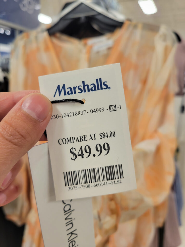 A clothing price tag is shown from the store Marshalls. 
